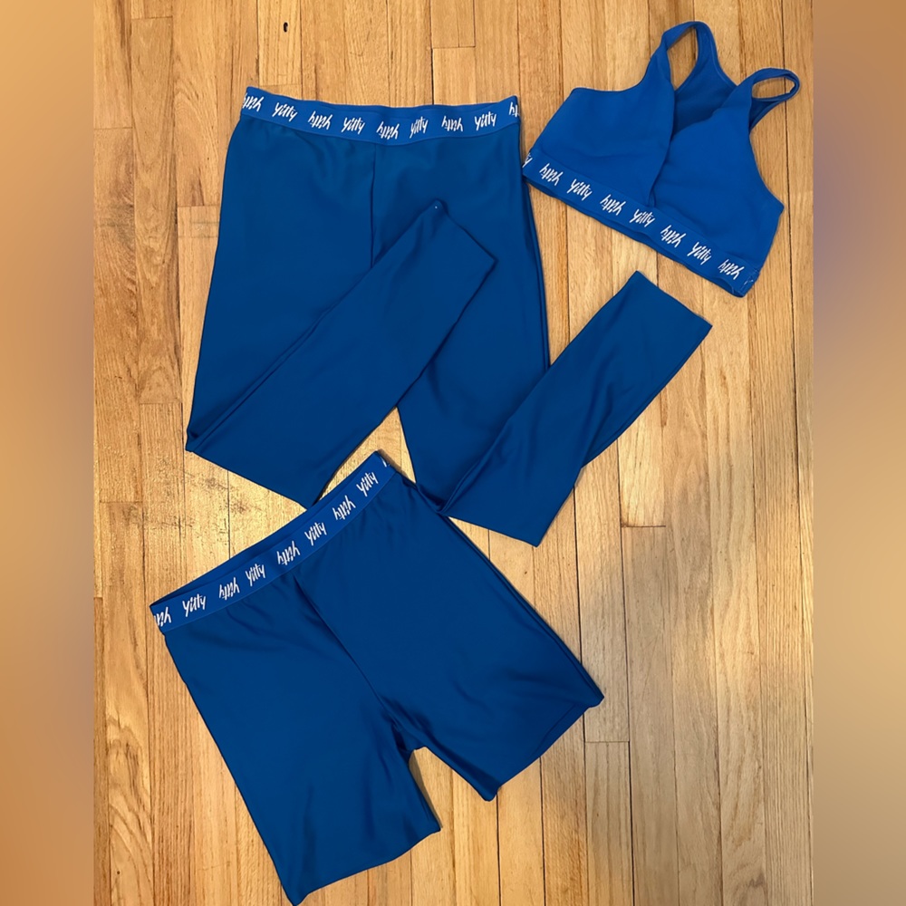 YITTY Royal Blue Leggings, Bike Shorts & Sports Bra Set